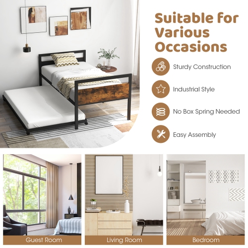 Costway Twin Metal Daybed with Trundle Lockable Wheels Heavy Duty Metal Slats Support