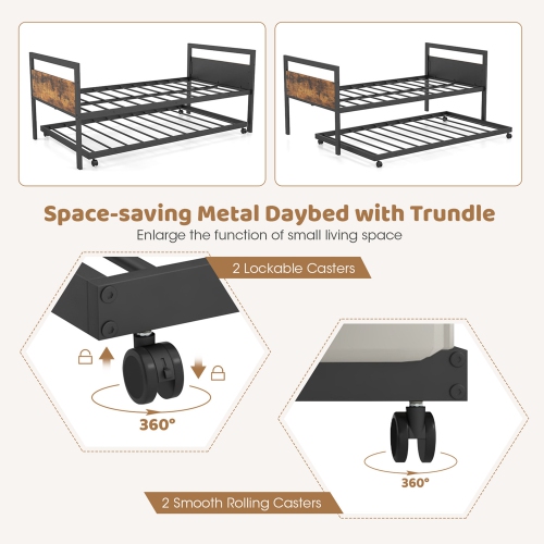 Costway Twin Metal Daybed with Trundle Lockable Wheels Heavy Duty Metal Slats Support