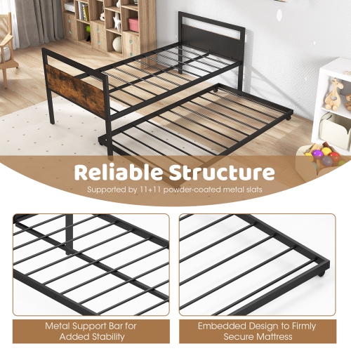 Costway Twin Metal Daybed with Trundle Lockable Wheels Heavy Duty Metal Slats Support
