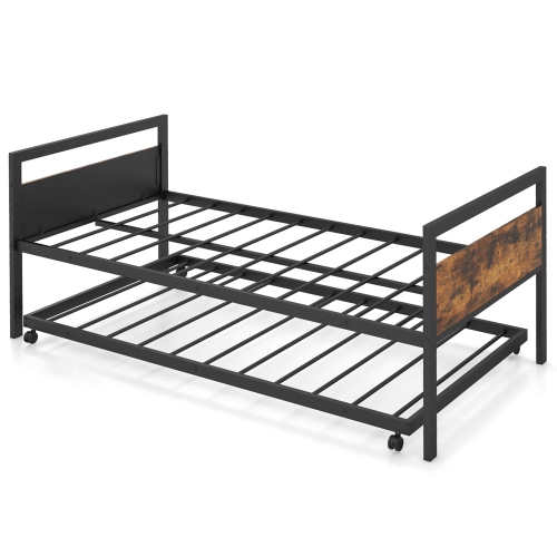 Costway Twin Metal Daybed with Trundle Lockable Wheels Heavy Duty Metal Slats Support