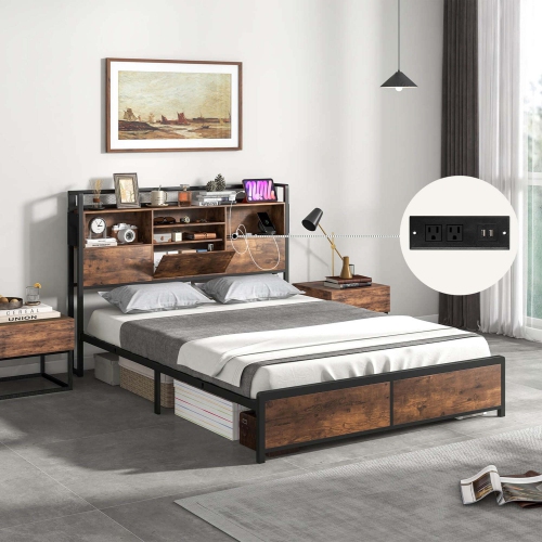 COSTWAY  Queen Size Bed Frame With Storage Headboard And Charging Station Vintage Brown