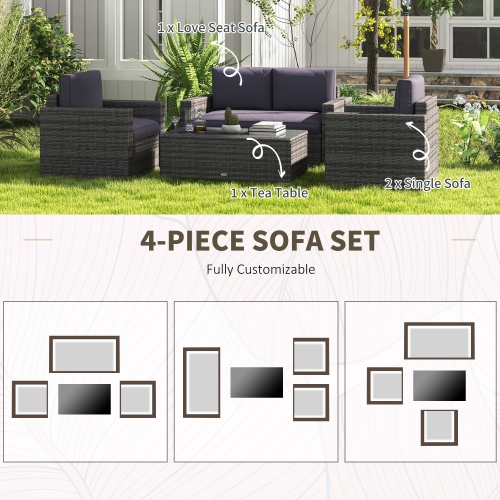 Outsunny 4 Pieces Patio Furniture Set, Rattan Wicker Sofa Deluxe Outdoor Coffee Set Garden Furniture Sets with Cushions for Porch Poolside Balcony,