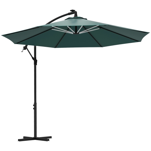 Outsunny 10ft Cantilever Solar Hanging Offset Umbrella Outdoor LED Lights Aluminum Market Banana Parasol Crank w/ Cross Base Garden Sun Shelter Green