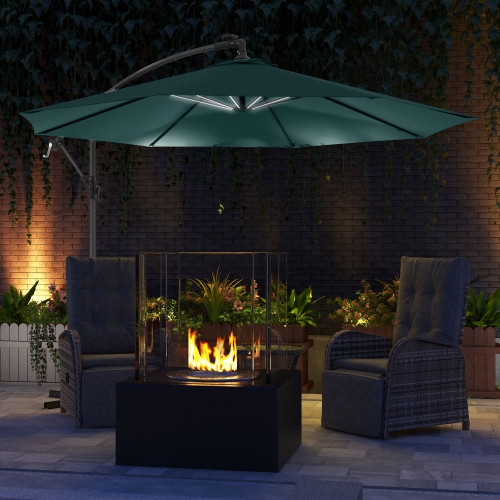 Outsunny 10ft Cantilever Solar Hanging Offset Umbrella Outdoor LED Lights Aluminum Market Banana Parasol Crank w/ Cross Base Garden Sun Shelter Green