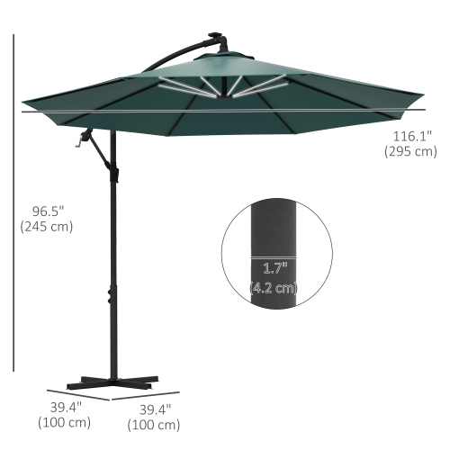 Outsunny 10ft Cantilever Solar Hanging Offset Umbrella Outdoor LED Lights Aluminum Market Banana Parasol Crank w/ Cross Base Garden Sun Shelter Green