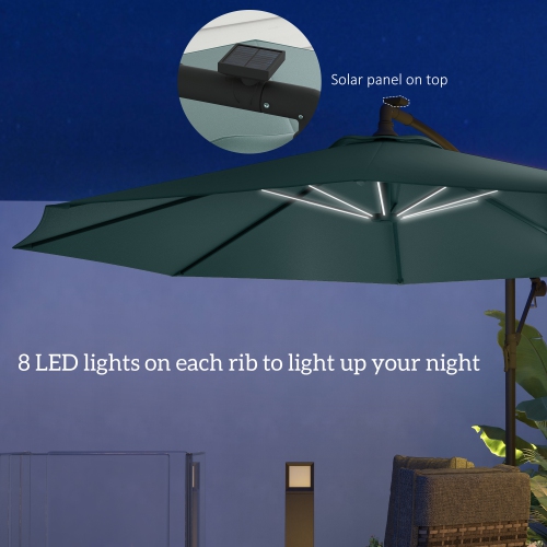 Outsunny 10ft Cantilever Solar Hanging Offset Umbrella Outdoor LED Lights Aluminum Market Banana Parasol Crank w/ Cross Base Garden Sun Shelter Green