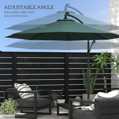 Outsunny 10ft Cantilever Solar Hanging Offset Umbrella Outdoor LED Lights Aluminum Market Banana Parasol Crank w/ Cross Base Garden Sun Shelter Green
