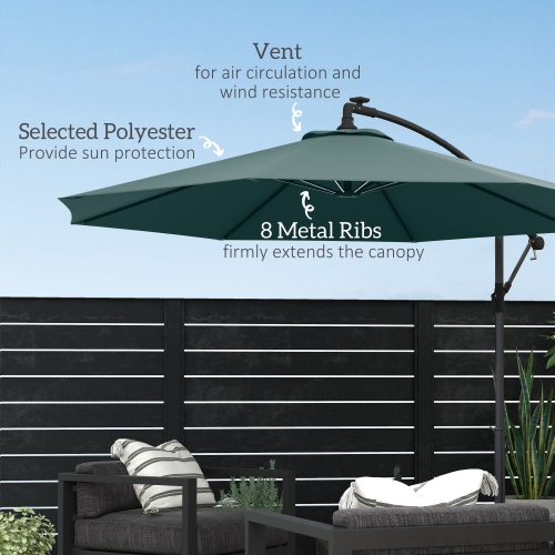 Outsunny 10ft Cantilever Solar Hanging Offset Umbrella Outdoor LED Lights Aluminum Market Banana Parasol Crank w/ Cross Base Garden Sun Shelter Green