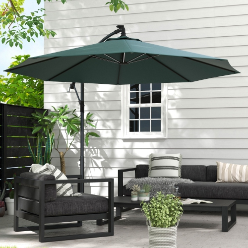 Outsunny 10ft Cantilever Solar Hanging Offset Umbrella Outdoor LED Lights Aluminum Market Banana Parasol Crank w/ Cross Base Garden Sun Shelter Green