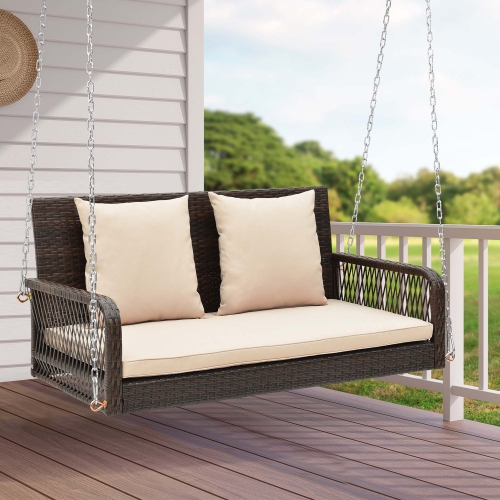 Costway Patio Wicker Porch Swing 2-Person Hanging Loveseat Bench Chair with Cushions