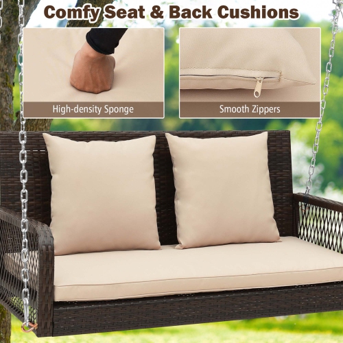 Costway Patio Wicker Porch Swing 2-Person Hanging Loveseat Bench Chair with Cushions