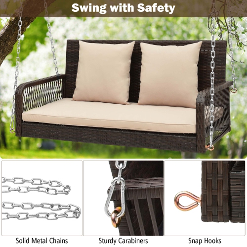 Costway Patio Wicker Porch Swing 2-Person Hanging Loveseat Bench Chair with Cushions
