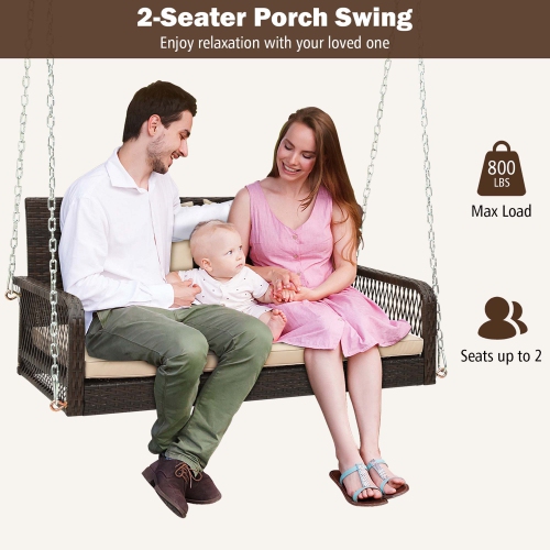 Costway Patio Wicker Porch Swing 2-Person Hanging Loveseat Bench Chair with Cushions