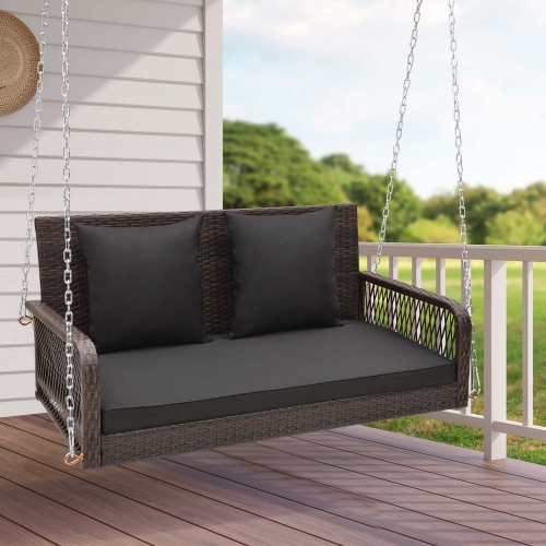 Costway Patio Wicker Porch Swing 2-Person Hanging Loveseat Bench Chair with Cushions
