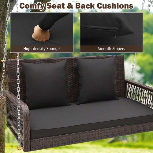 Costway Patio Wicker Porch Swing 2-Person Hanging Loveseat Bench Chair with Cushions