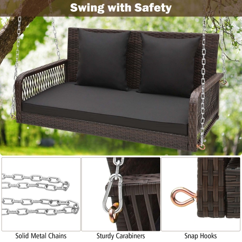 Costway Patio Wicker Porch Swing 2-Person Hanging Loveseat Bench Chair with Cushions