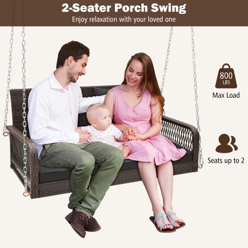 Costway Patio Wicker Porch Swing 2-Person Hanging Loveseat Bench Chair with Cushions