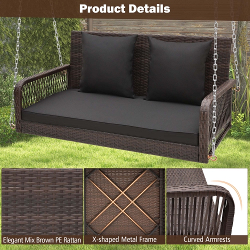 Costway Patio Wicker Porch Swing 2-Person Hanging Loveseat Bench Chair with Cushions