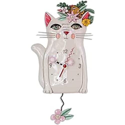 Allen Designs Pretty Kitty White Floral Cat Pendulum Wall Clock