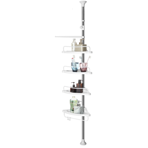 SONGMICS HOME  Adjustable Bathroom Corner Shelf, Telescopic Shower Caddy, 95-300 Cm, Floor to Ceiling, \w Stainless Steel Frame, 4 Trays, 3 Hooks, 1