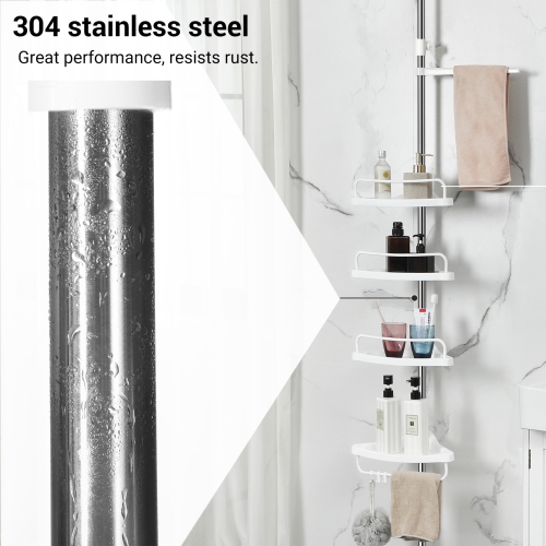 SONGMICS HOME Adjustable Bathroom Corner Shelf, Telescopic Shower Caddy, 95-300 cm, Floor to Ceiling, with Stainless Steel Frame, 4 Trays, 3 Hooks, 1