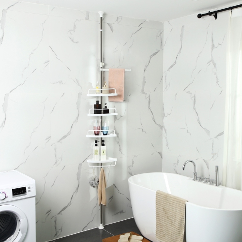 SONGMICS HOME Adjustable Bathroom Corner Shelf, Telescopic Shower Caddy, 95-300 cm, Floor to Ceiling, with Stainless Steel Frame, 4 Trays, 3 Hooks, 1