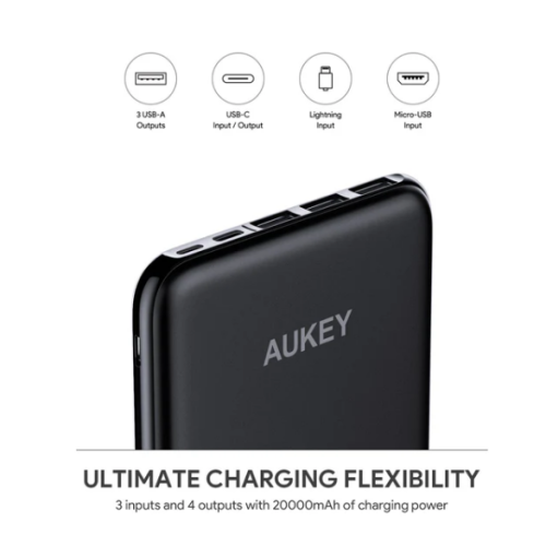 AUKEY Slimline USB C Power Bank with 3 Input & 4 Output 20000mAh