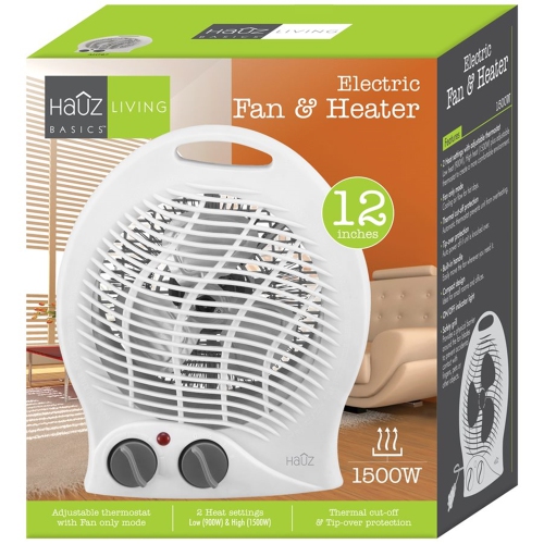 Hauz - 12" Portable Fan + Heater, Adjustable Thermostat, 1500W, White