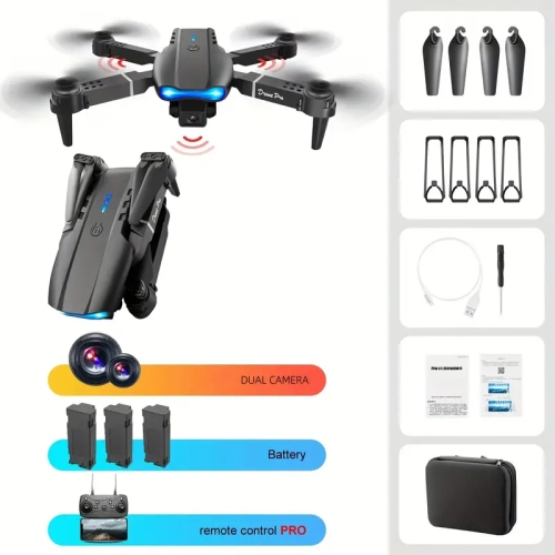 Le drone E99 : Deux caméras, trois piles, contrôle par application mobile - jouets volants d'intérieur, parfaits pour Halloween/Noël/cadeaux du