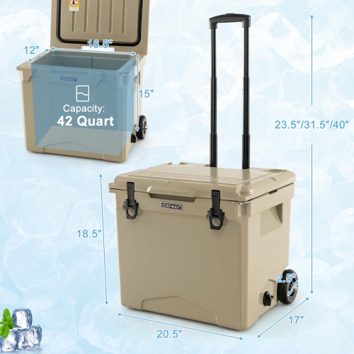 Costway 42 Qt Portable Cooler Roto Molded Ice Chest Insulated 5-7 Days with wheels Handle