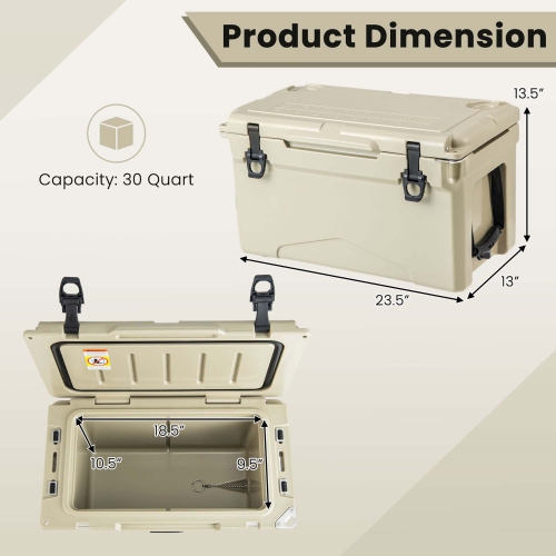 Costway 30 QT Rotomolded Cooler Portable Ice Chest Ice Retention for 5-7 Days