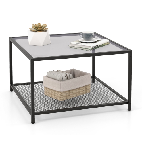 COSTWAY  Glass Coffee Table 27.5 Inch 2-Tier Square With Mesh Shelf Living Room