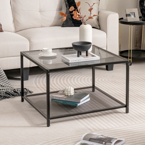 Costway Glass Coffee Table 27.5 Inch 2-Tier Square with Mesh Shelf Living Room