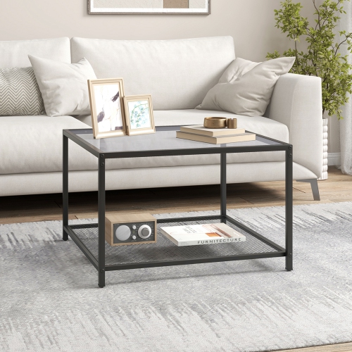 Costway Glass Coffee Table 27.5 Inch 2-Tier Square with Mesh Shelf Living Room