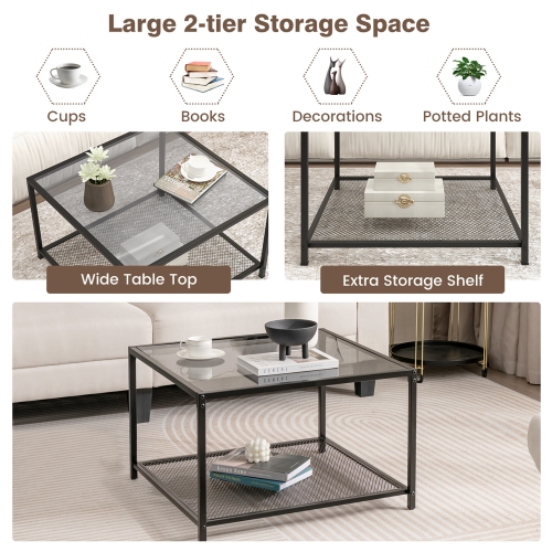 Costway Glass Coffee Table 27.5 Inch 2-Tier Square with Mesh Shelf Living Room