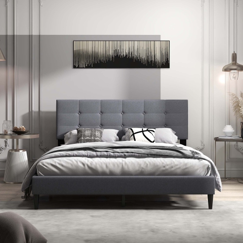 Costway Queen Upholstered Platform Bed Mattress Foundation Button Tufted Headboard