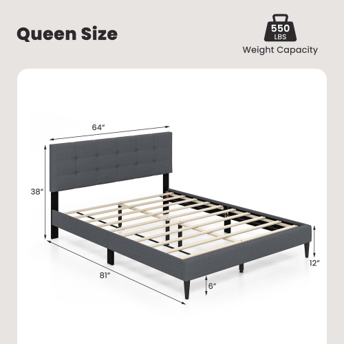 Costway Queen Upholstered Platform Bed Mattress Foundation Button Tufted Headboard