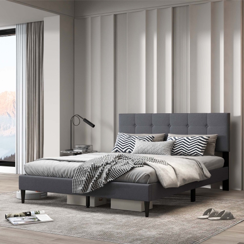 Costway Queen Upholstered Platform Bed Mattress Foundation Button Tufted Headboard