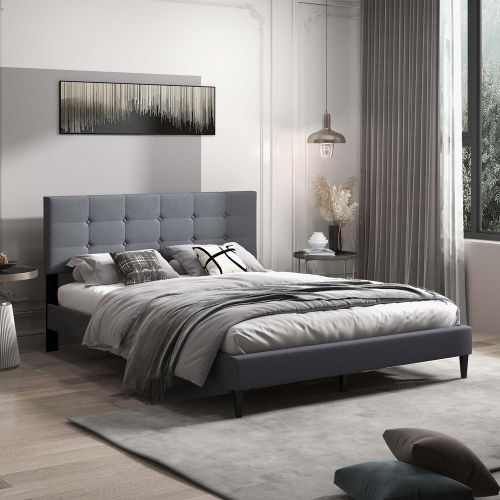 Costway Queen Upholstered Platform Bed Mattress Foundation Button Tufted Headboard