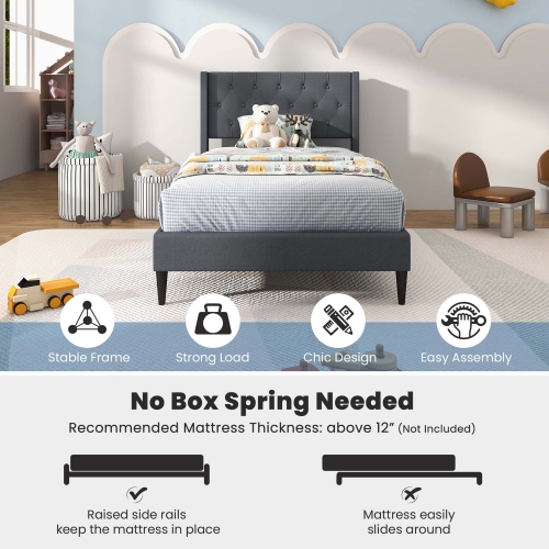 Costway Twin Size Upholstered Platform Bed with Button Tufted Wingback Headboard