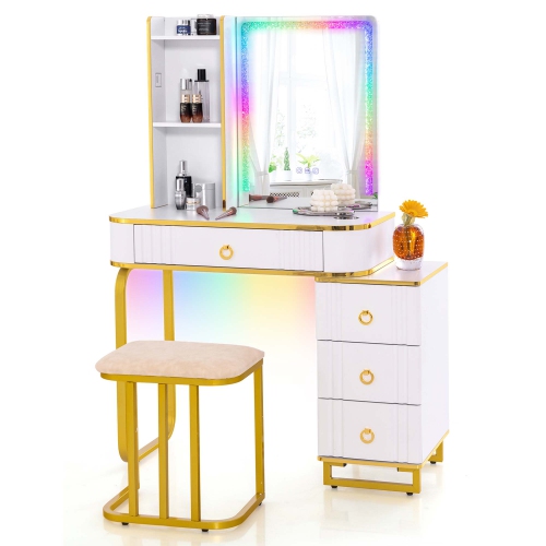 Costway Vanity Table Set with RGB LED Lights Crystal Crush Diamond Mirror Drawers