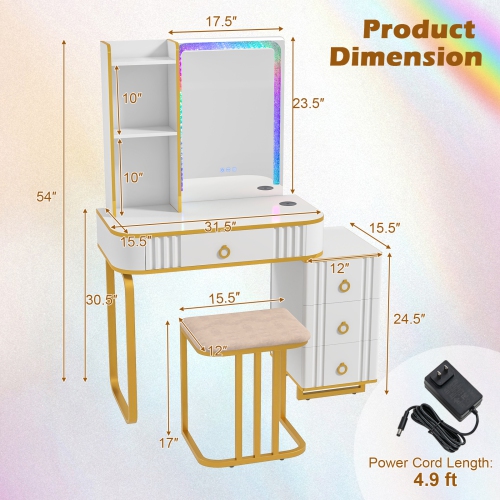 Costway Vanity Table Set with RGB LED Lights Crystal Crush Diamond Mirror Drawers