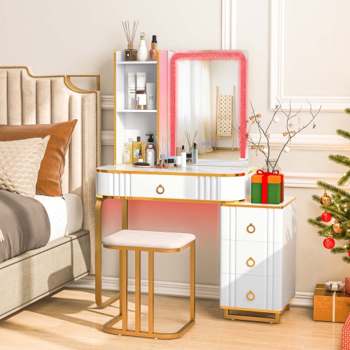 Costway Vanity Table Set with RGB LED Lights Crystal Crush Diamond Mirror Drawers