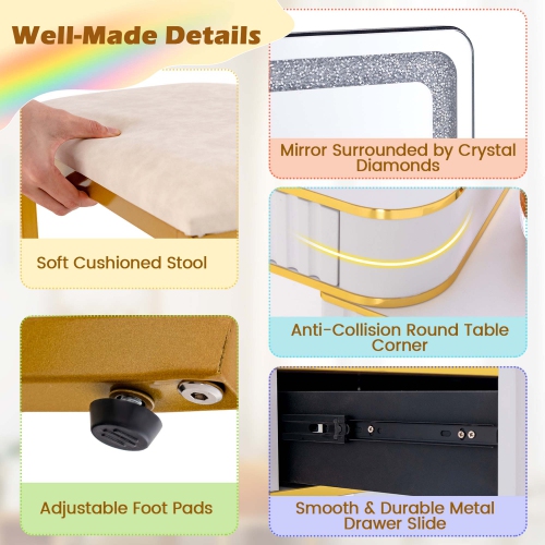 Costway Vanity Table Set with RGB LED Lights Crystal Crush Diamond Mirror Drawers