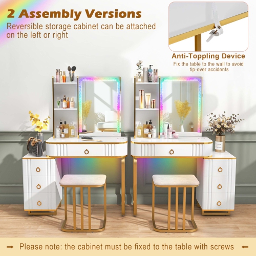 Costway Vanity Table Set with RGB LED Lights Crystal Crush Diamond Mirror Drawers