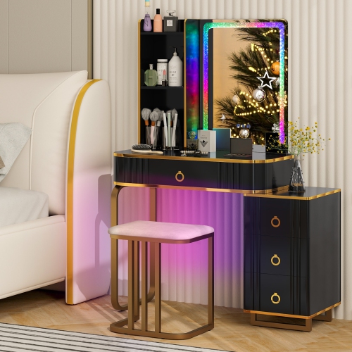 Costway Vanity Table Set with RGB LED Lights Crystal Crush Diamond Mirror Drawers