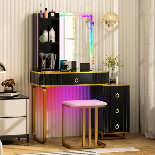 Costway Vanity Table Set with RGB LED Lights Crystal Crush Diamond Mirror Drawers