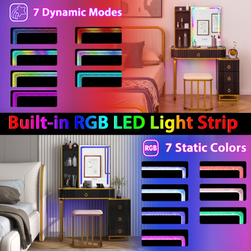 Costway Vanity Table Set with RGB LED Lights Crystal Crush Diamond Mirror Drawers