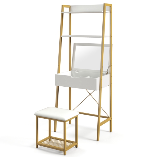 Costway Vanity Table Set Flip Top Mirror Ladder Storage Shelf Cushioned Stool