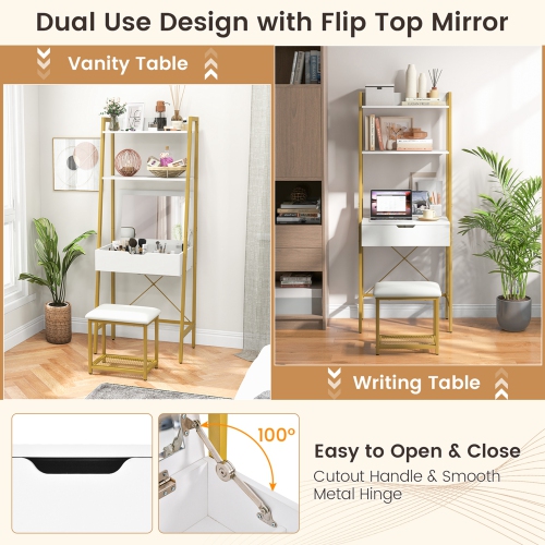 Costway Vanity Table Set Flip Top Mirror Ladder Storage Shelf Cushioned Stool